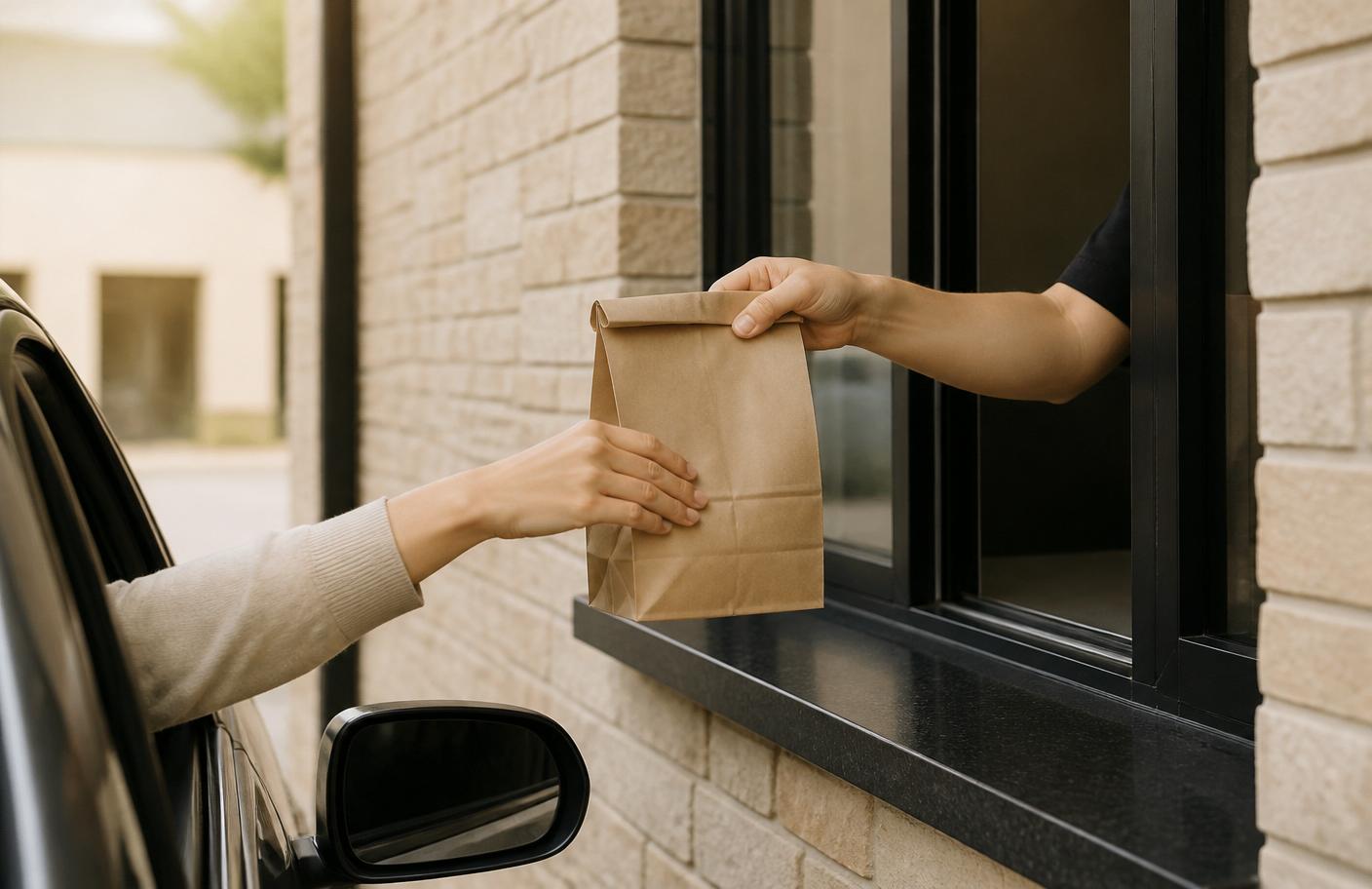 Crew member handing a bagged order to a customer at the drive-thru window